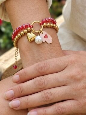 ​Gold & Red Beaded Double Strand Charm Bracelet Heart Pearl Hamsa